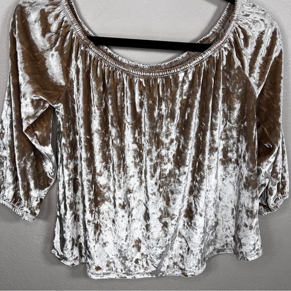 LARGE HOLLISTER BEIGE VELVET BLOUSE OFF SHOULDER PEASANT BOHO STRETCH NEUTRAL - Picture 5 of 10